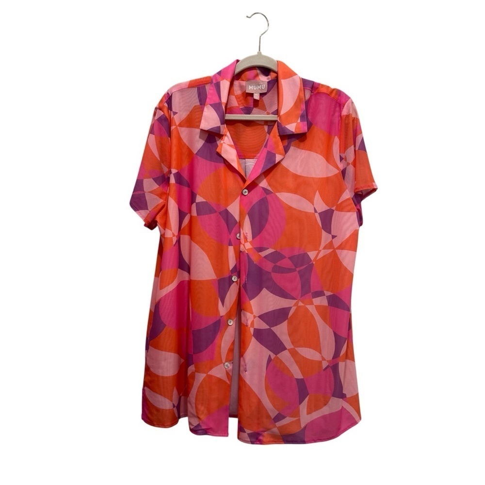 Show Me Your MUMU Blake Button Up Shirt Unisex Sunset Daiquiri Pink Orange Sz XL - Picture 3 of 11